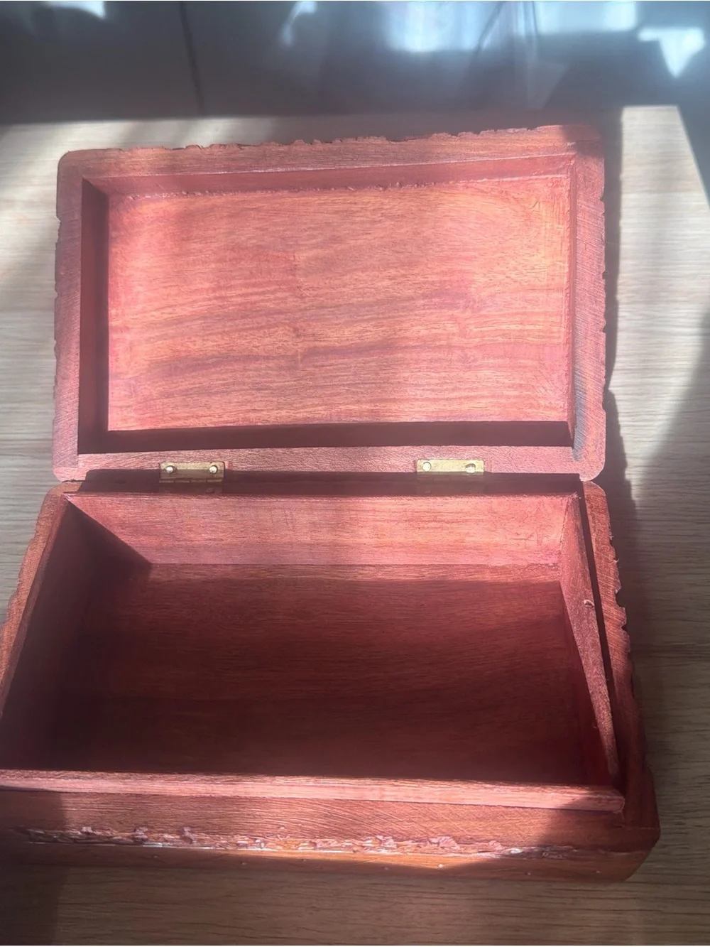 Hand-Carved Wooden Jewelry Box with Inlay